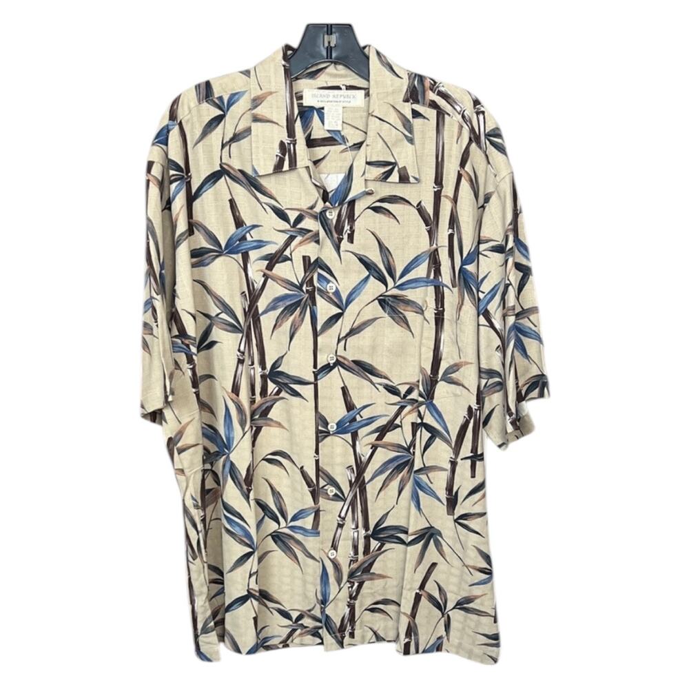 NWT Island Republic Silk Camp Shirt Beige Blue Bamboo Print Tropical - XL